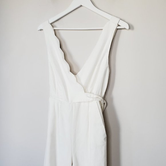 Anthropologie Jumpsuit Chino Wide Leg Tie Waist Modern Scalloped Cream 2 - Picture 5 of 14